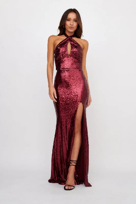 Sustainable fashion for stylish women   Rosella Halterneck Sequin Maxi Dress Burgundy