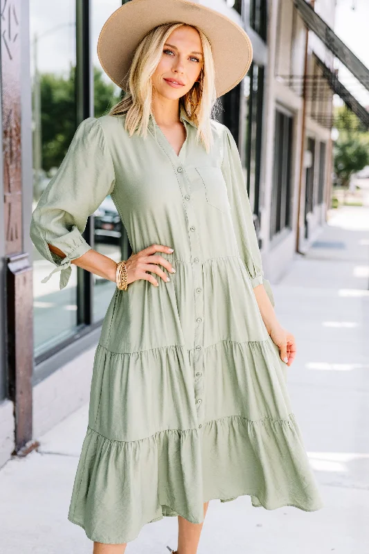 Bold, confident, and stylish women’s clothing   Leading Back To You Sage Green Tiered Midi Dress