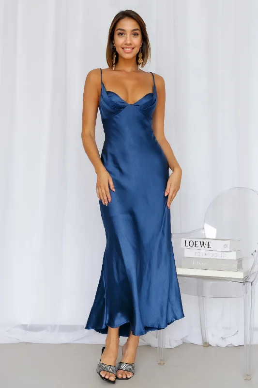 Comfortable yet stylish outfits for women on the go   No Cloudy Skies Satin Maxi Dress Navy