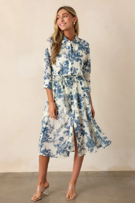 Fashionable clothing to fit every body type   Dancing Dewdrops 100% Cotton Blue Floral Midi Dress
