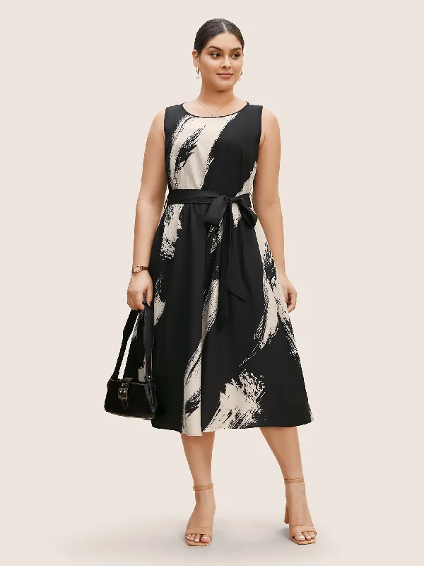 Comfortable yet fashionable women’s wear   Marble Print Sleeveless Belted Midi Dress