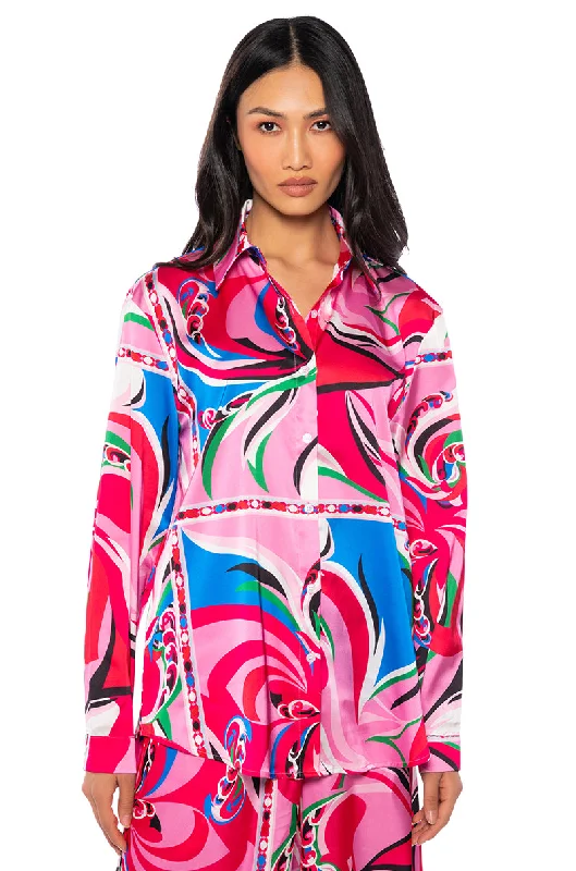 Casual yet chic women’s outfits for work or play   FLORENCE SATIN PRINTED BUTTON DOWN