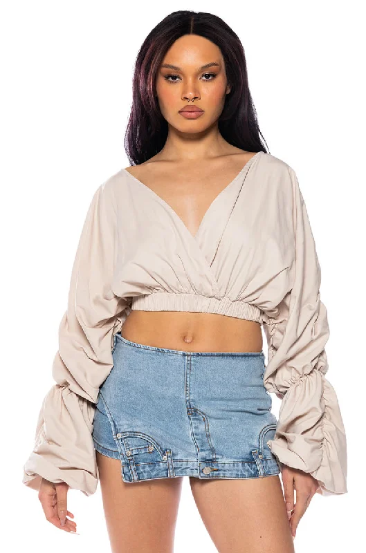 Soft, breathable fabrics for fashionable women   OPHELIA RUCHED LONG SLEEVE BLOUSE