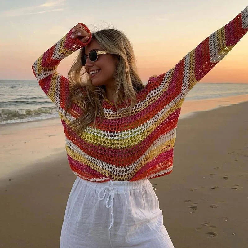 Rainbow Stripe Boat Neck Long Sleeve Oversized Crop Crochet Knit Sweater