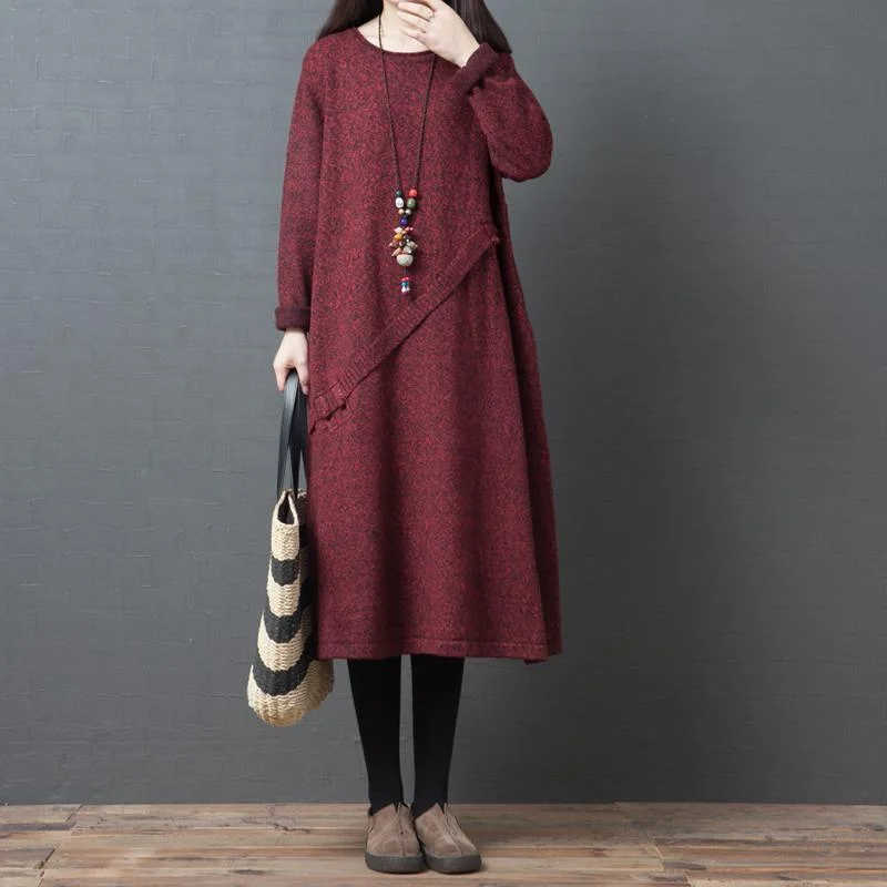 Vintage o neck pockets Sweater dresses Classy red Funny sweater dress