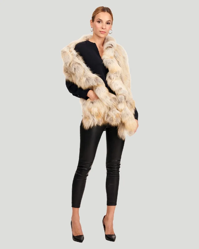 Trendsetting women’s clothing for fashion lovers   Golden Island Fox Knit Ruffle Stole with Pockets