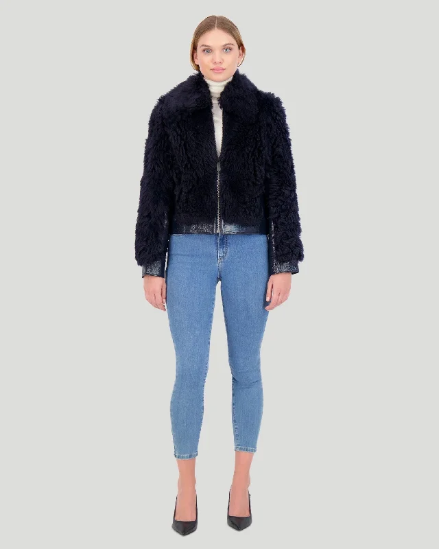 Sustainable fashion for stylish women   Shearling Lamb Bomber Jacket with Patent Leather Trim