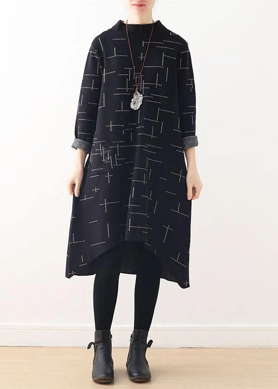 Latest fashion trends for modern women Loose high neck fallclothes linen black plaid Dress Latest fashion trends for modern women Loose high neck fallclothes linen black plaid Dress