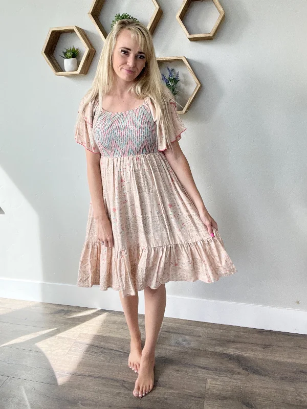 Versatile fashion options for every occasion   Gotta Go Double Layered Ruffle Floral Dress in Taupe and Coral (SALE)