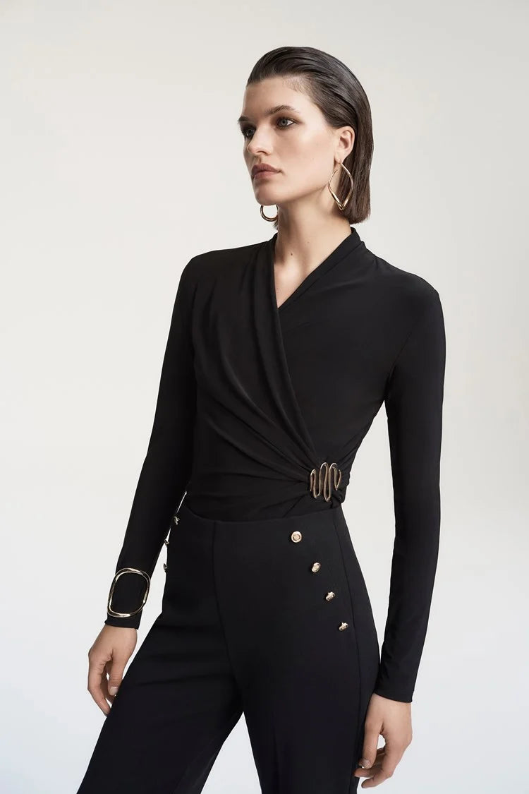Trendy women’s clothing    Joseph Ribkoff Black Silky Knit Fitted Wrap Top