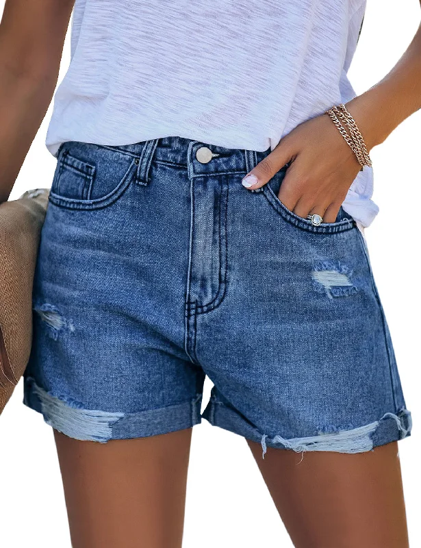 Women's High Waisted Rolled Hem Distressed Jeans Ripped Denim Shorts