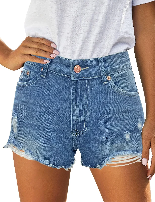 Women's Mid Rise Frayed Ripped Raw Hem Denim Jean Shorts