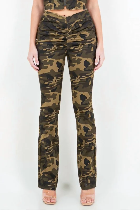 V-Cut Camo Flared Pants In Olive Camo