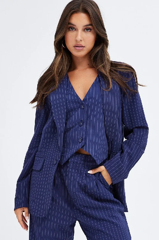 Stripe Blazer Long Sleeve Tailored Single Breasted